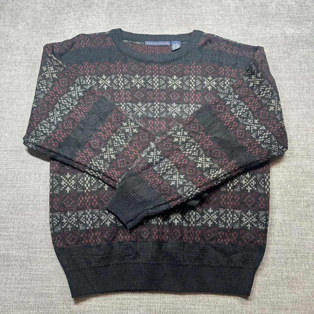 Robert Stock Sweater Mens Large Black Burgundy Fair Isle Vintage  Knit